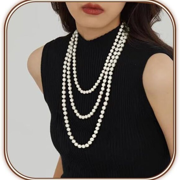 Long Pearl Necklace 70in Faux White Beads Multi Strand Elegant Jewelry - Picture 1 of 7